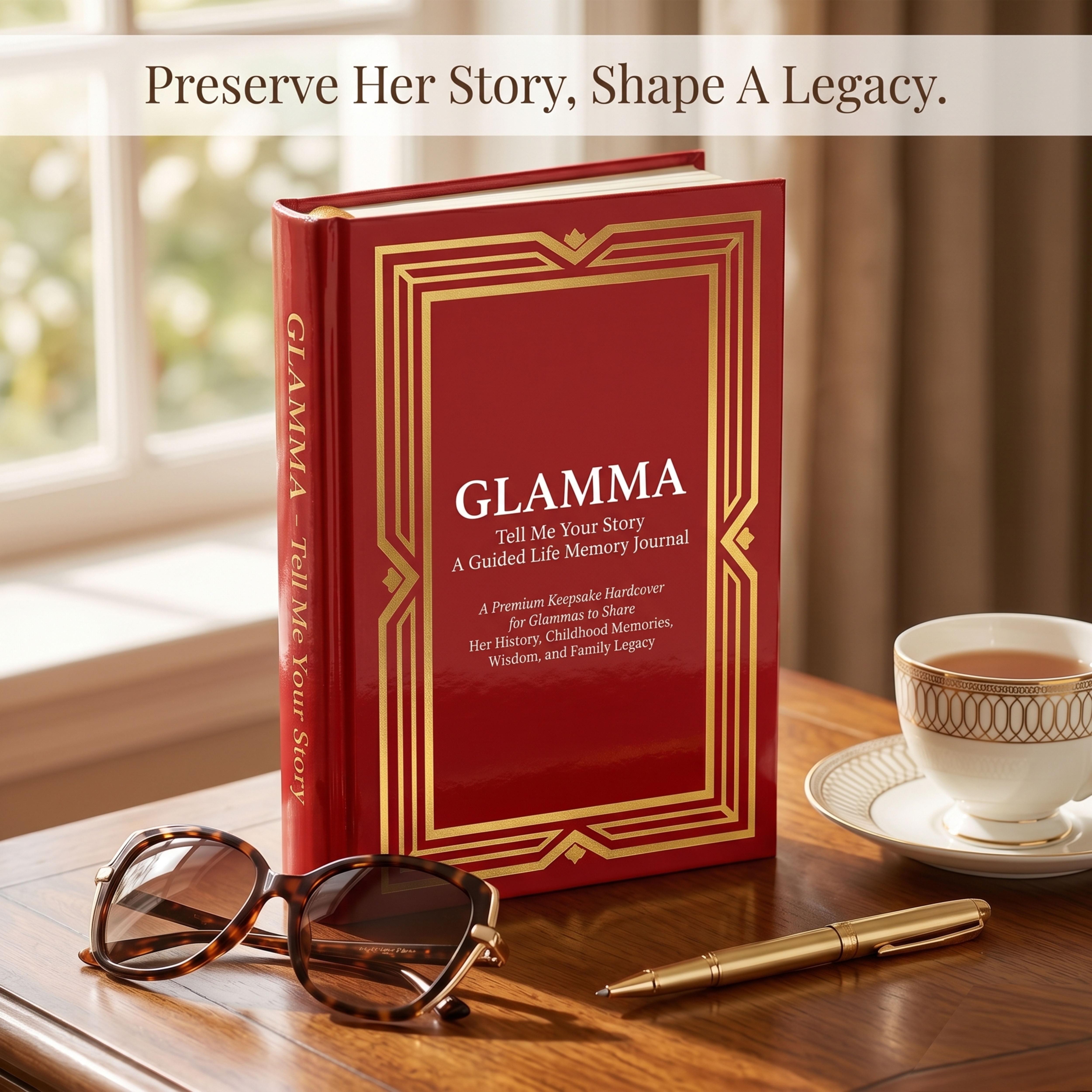 Glossy crimson red Glamma Tell Me Your Story guided memory journal hardcover premium heirloom gift on wooden desk